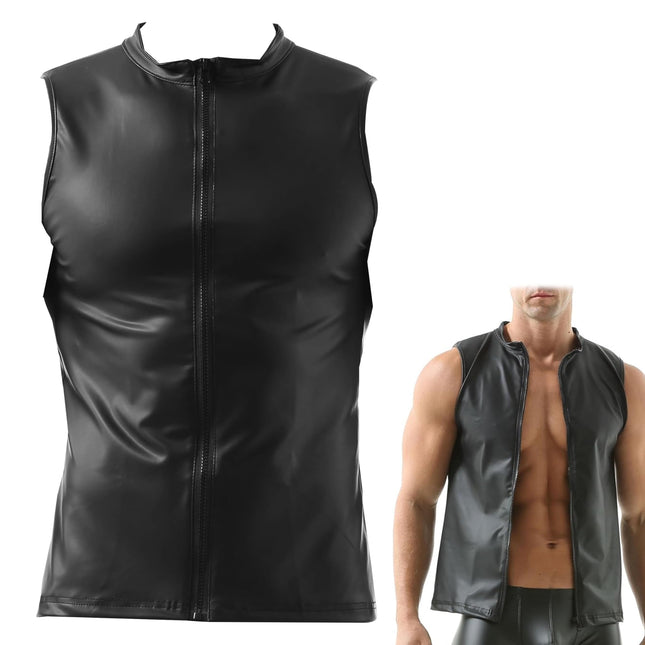 Latex Shirts Men's Tops Latex Similar Men's Top Men's Latex T-Shirt Black Men Sexy Matte Leather Sleeveless Vests Men's Wetlook Body Leather Shirts Patent Leather Erotic Shirts Tops Men