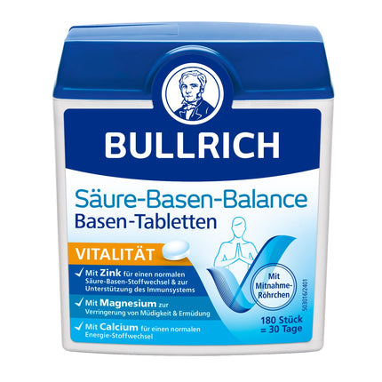 Bullrich Acid-Base Balance Base Tablets | With zinc for a balanced acid-base balance | Vegan | Includes carry-on tube | 180 tablets (1 pack)
