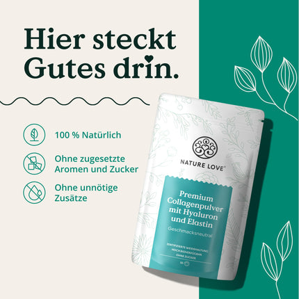 NATURE LOVE® Premium Collagen Powder with Hyaluronic Acid and Elastin - 500g Collagen - Peptides Type 1 and 3 - Tasteless - Collagen from pasture-fed cattle - Laboratory-tested