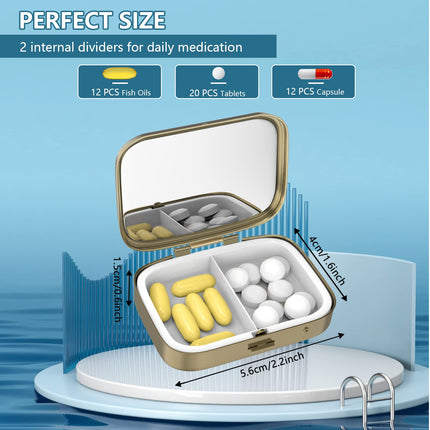 Pill Box Pill Box with Mirror Retro Small Pill Box for Purse or Pocket Bronze Pill Box or Vitamins, Fish Oil, Supplements, Pills Contain Travel Gifts (2 PCS)