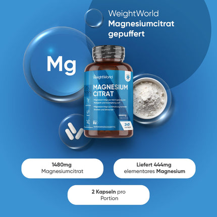 Magnesium Citrate Buffered - 240 Vegan Capsules - 444mg Elemental Magnesium per Serving - 4 Month Supply - Magnesium Citrate Capsules - Alternative to Tablets or Powder - by WeightWorld