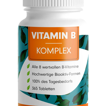 Vitamin B complex 365 tablets - B complex with B12 - all 8 B vitamins (B1, B2, B3, B5, B6, B7, B9, B12) + co-factors choline &amp; myo-inositol, laboratory tested with certificate, vegan