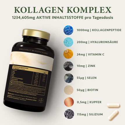 Satin Naturel Hyaluron Collagen Complex - 270 high-dose capsules - Enriched with biotin, selenium, zinc, vitamin C, and bamboo extract for skin, hair, and nails - Made in Germany