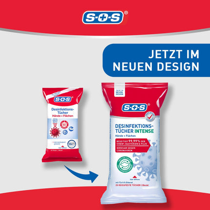 SOS Disinfectant Wipes INTENSE for hands and surfaces | biodegradable | eliminates 99.99% of bacteria, fungi, and viruses* (e.g., herpes, flu, and noroviruses) | 10x25