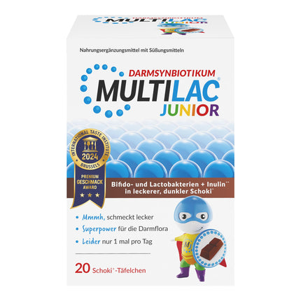 MULTILAC INTESTINAL SYNBIOTIK Junior with 20 chocolate bars. Contains selected bifidobacteria and lactobacilli with inulin and 1 billion bacteria. Sugar-free, gluten-free, and lactose-free. Only once daily.