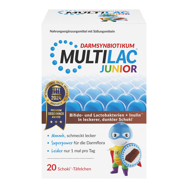 MULTILAC INTESTINAL SYNBIOTIK Junior with 20 chocolate bars. Contains selected bifidobacteria and lactobacilli with inulin and 1 billion bacteria. Sugar-free, gluten-free, and lactose-free. Only once daily.