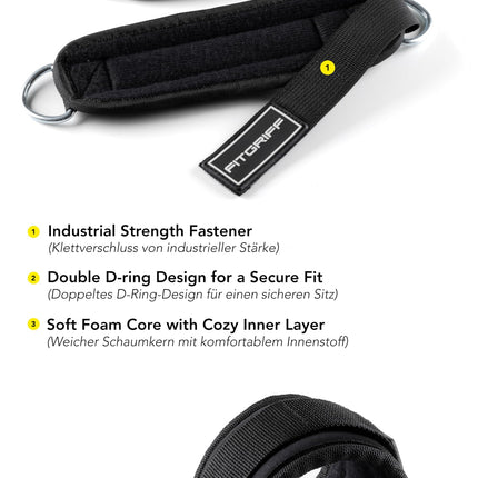 Fitgriff® Foot Straps V3 - for fitness training on cable pulleys - (2 pieces) Ankle Straps for women and men (Black)
