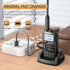 JUCJET UV-K5 Portable Walkie Talkies, Two-Way Radio with Original Earpieces &amp; USB Charging Station, 200 Channels High-Performance Walkie Talkie for Adventure, Outdoor, Camping, (Black, 2 Pack)