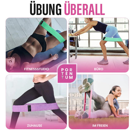 PORTENTUM Resistance Bands, Fitness Bands Set, Yoga Strap in 3 Tensile Strengths, Training Band, Yoga Band AS Resistance and Support for Leg Training, Video with Included Exercises, Pink, Green, Purple