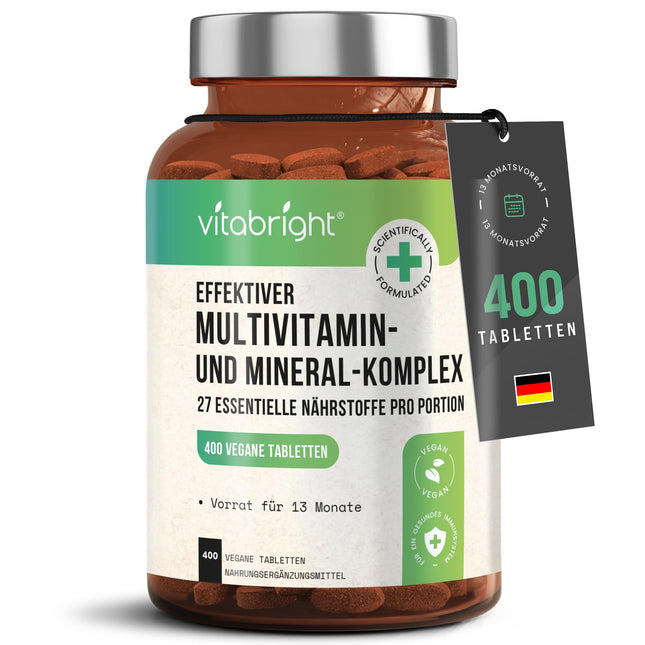 Multivitamin Tablets High Dose - 400 Daily Dose Vitamins, Minerals &amp; Supplements AZ Vitamins + Minerals | Dietary Supplement Women/Men Vegan Multivitamin Complex, VitaBright