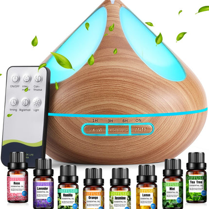 VAAGHANM Aroma Diffuser 500 ml with 8 Essential Oils, Aromatherapy Diffusers, Air Freshener, Humidifier with Remote Control, 4 Timers for Bedroom, Brown