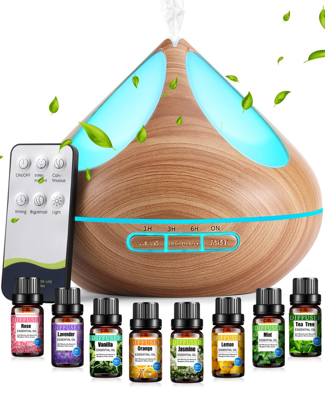 VAAGHANM Aroma Diffuser 500 ml with 8 Essential Oils, Aromatherapy Diffusers, Air Freshener, Humidifier with Remote Control, 4 Timers for Bedroom, Brown