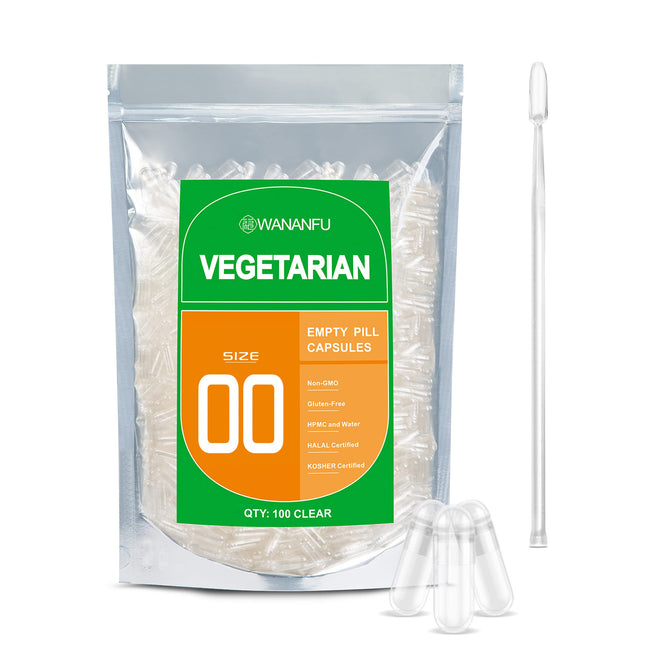 WANANFU Vegan Empty Capsules Size 00 (100 Pieces) Bundle with 2 Micro Spoons, Empty Capsules for Filling, Compatible with Capsule Filler Size 00