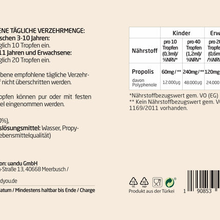 BEE&amp;YOU Propolis Tincture, Propolis Drops 20% (30ml) standardized, additives, Propolis extract rich in beneficial polyphenols and flavonoids, mix into muesli and yogurt
