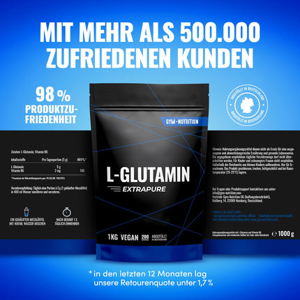 L-Glutamine Powder 1000g / 1kg - Ultra-pure powder with extra high dosage - Glutamine - Laboratory tested and vegan - Made in Germany 1kg - Neutral taste, natural