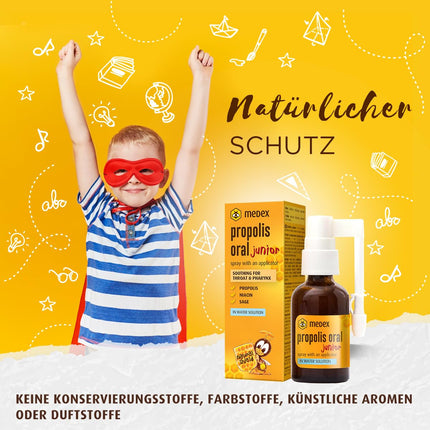 Medex Propolis Oral Junior, propolis spray, mouth and throat spray, water-based, alcohol-free; with added honey, sage, niacin, and spruce tips, with applicator, for children 3 years and older, 30 ml