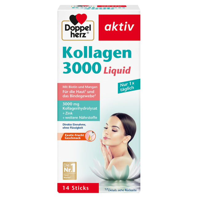 Doppelherz Collagen 3000 Liquid - Skin + Connective Tissue - With vitamin A, zinc, and biotin to contribute to the maintenance of normal skin – 14 sachets