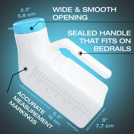 Urinal bottles for men with glow-in-the-dark lid (3-pack) - 1000mL men's bedside bottle made of thick plastic with screw lid - Leak-proof urinal chamber - Portable urinal bottles for men