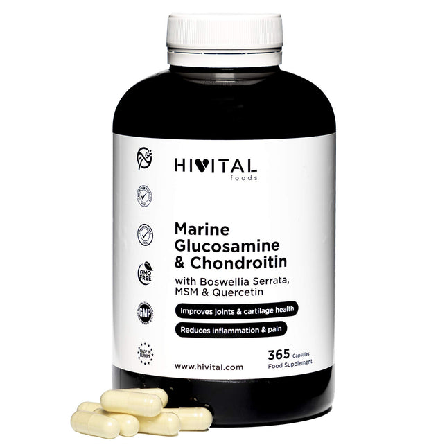 Glucosamine with Chondroitin. 365 capsules for a 4-month treatment. With 1500 mg of Marine Glucosamine 2KCL, Marine Chondroitin, MSM, Boswellia Serrata, and Quercetin. Manufactured by HIVITAL