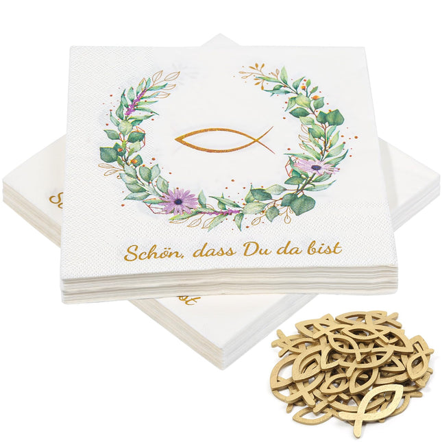 40 napkins and 45 wooden fish decorations, 'It's great that you're here!', fish table decoration for baptism, communion, confirmation, or other festive occasions, 33 x 33 cm