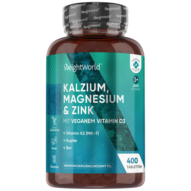 Calcium Magnesium Zinc - 400 Tablets 1+ Year - Magnesium, Vitamin D3, K2, Boron, Selenium, Copper - 500mg Calcium - Vegan - 1 Tablet Per Day - Gluten-Free - Alternative to Capsules - WeightWorld