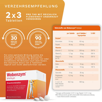 WOBENZYM® immun | 240 tablets | Immune treatment | Supports the immune system with vitamins C and D, zinc, and selenium | For a strong immune defense | Combination of enzymes and vitamins | Defenses