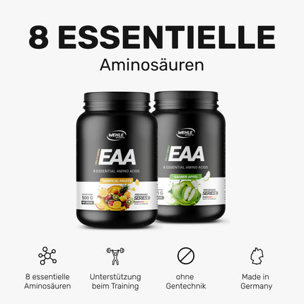 Wehle EAA Powder 500g, fine amino powder with 8 essential amino acids, Human Code Formula I Delicious taste &amp; top solubility - Vegan sugar, Amino Workout Drink (500g, Tropical Fruits)