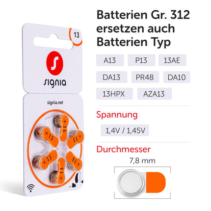 Siemens-Signia hearing aid batteries type 13 orange, batteries for hearing aids, 60-pack, Made in Germany, including FREE cleaning cloth, Wireless Approved, mercury-free