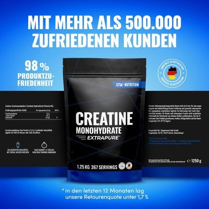 Creatine Monohydrate Powder 1.25kg / 1250g - Ultra Pure Creatine Monohydrate with Vitamin B6 - Optimally High Dosage - Extra Pure Creatine Monohydrate - Creatine Powder Monohydrate - Vegan - One Year Supply