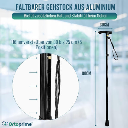 OrtoPrime folding walking stick, foldable walking stick, foldable walking stick for men and women, adjustable walking stick, extendable.