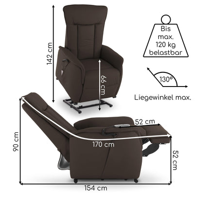Raburg TV chair with stand-up aid, recliner chair with reclining function, electric with remote control, 2 motors, pocket spring core/comfort upholstery, up to 120 kg, leather/faux leather, Marie, dark brown