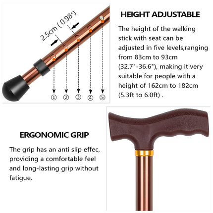 LINGTHIN Walking Stick with Seat for Men 120kg Capacity, Large Seat Board Height Adjustable Foldable Perch, Cane and Stool Dual-use for Elderly Men, Disabled and Recovering People.