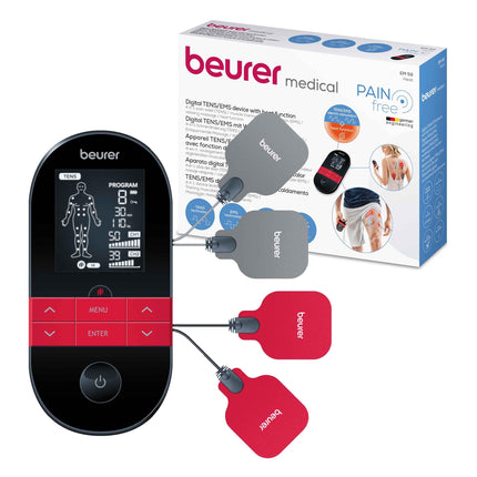 Beurer EM 59 Heat digital TENS / EMS device, 4-in-1 electrical stimulation device for pain therapy, muscle stimulation, massage and heat therapy, including 4 electrodes and battery