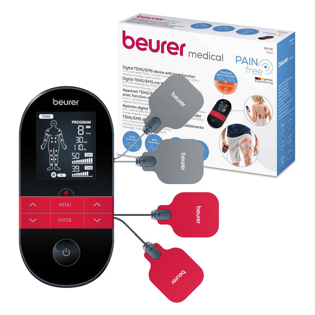 Beurer EM 59 Heat digital TENS / EMS device, 4-in-1 electrical stimulation device for pain therapy, muscle stimulation, massage and heat therapy, including 4 electrodes and battery