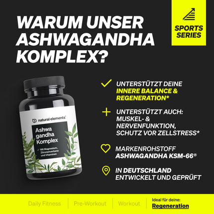 Ashwagandha Complex – 600mg per daily dose – 120 capsules – with KSM-66, lemon verbena, magnesium, folic acid, and vitamins C, B6, and B12 – high-dose &amp; vegan – produced in Germany &amp; laboratory-tested
