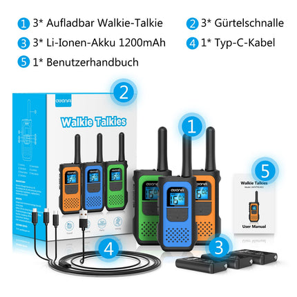 Walkie Talkie, AWANFI Walkie Talkie Set of 3 for Adults and Children, Rechargeable Walkie Talkie with Li-ion Battery, 16 Channels VOX Radio, Walkie Talkie with Type C Charging Cable for Biking, Camping, Hiking