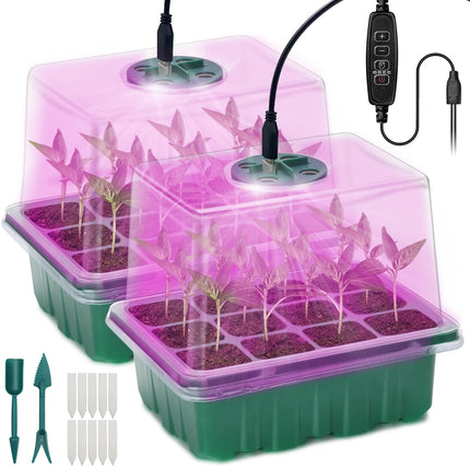 Indoor greenhouse growing box, 2 pieces mini greenhouse growing set with raised lid, seedling starter with plant lights with full spectrum, trays greenhouse growing tray for plant