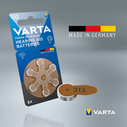 VARTA hearing aid batteries type 312 brown, 60 batteries, storage pack, Power on Demand, wireless approved, size p 312 for hearing aids and hearing aids, Made in Germany