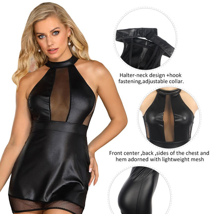 sunshinelady women's leather dress wetlook PU leather for plus size women mesh sleeveless lingerie bodycon clubwear sexy dress ladies halter neck babydoll mini dress curvy party dress elegant Valentine's Day 2XL black