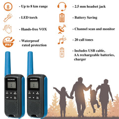 DC DECROSS 63 Walkie Talkie for Kids and Adults, 2-Pack Walkie Talkies up to 8 km, PMR446 16 Channels, VOX, Flashlight, IPX4, Gift for Boys and Girls Ages 5, 6, 7, 8, Hiking, Camping, Rechargeable Battery (Blue)