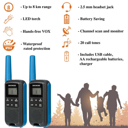DC DECROSS 63 Walkie Talkie for Kids and Adults, 2-Pack Walkie Talkies up to 8 km, PMR446 16 Channels, VOX, Flashlight, IPX4, Gift for Boys and Girls Ages 5, 6, 7, 8, Hiking, Camping, Rechargeable Battery (Blue)