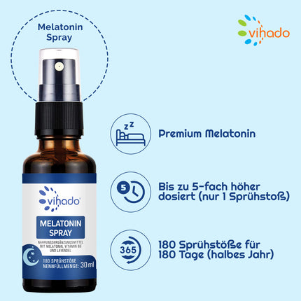 Vihado Melatonin Spray - Premium: Up to 5 times higher dosage - 180-day supply - Melatonin spray with high dosage lavender, alcohol-free - vegan, 30 ml