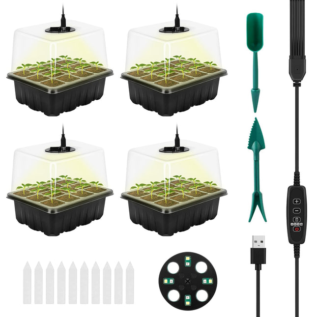 RIOGOO 4-Pack Seed Starter Tray with Grow Light, Timing Seed Starter Kit with Adjustable Brightness and Humidity, Greenhouse Germination Kit (12 x 4.48 Cells)