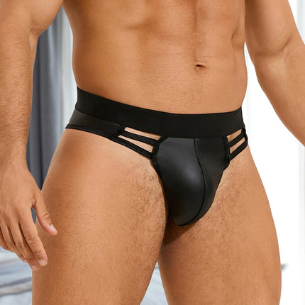 sunshinelady Men's Thong PU Leather Large Size Men's String Underwear with Elastic Waistband Sexy Briefs Lingerie for Men Sissy Gay Briefs U-Pouch Sexy Underwear Underpants Cut-Out Design Black M