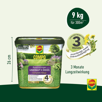 COMPO lawn fertilizer against weeds and moss - 9 kg for 300m² - 3 months long-term effect - COMPO lawn fertilizer against weeds + moss complete care