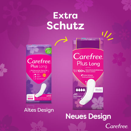 CAREFREE Plus Long unscented panty liners (5 x 40 pcs), super absorbent to lock in fluids instantly, size Plus Long