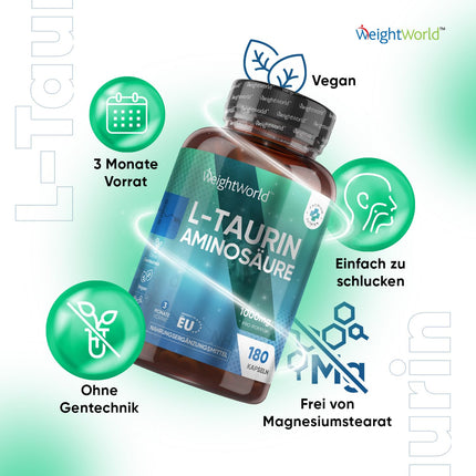 L-Taurine Capsules - 1000mg per day - 180 vegan amino acid capsules - 2 L-Taurine Amino Acid Capsules - 3-month supply - Alternative to powder or tablets - WeightWorld