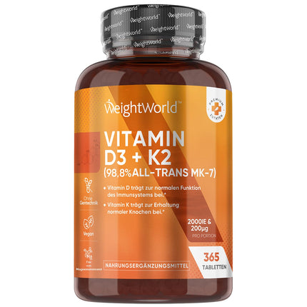 Vitamin D3 K2 2000 IU - 2 Year Supply - 365 Tablets with 200μg Vit K2 - 98.8% All-Trans MK-7 - 1 Tablet every 2 days - Alternative to Vitamin Drops - Vegan Source (Lichen) - WeightWorld