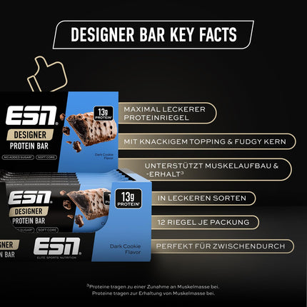 ESN Designer Bar Box, Dark Cookie, 12 x 45 g, the ideal snack with up to 14 g of protein per bar - made in Germany