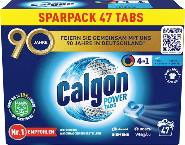 Calgon 4-in-1 Power Tabs – Water softener against limescale, dirt, and corrosion in the washing machine – Prevents unpleasant odors – 1 x 47 Tabs
